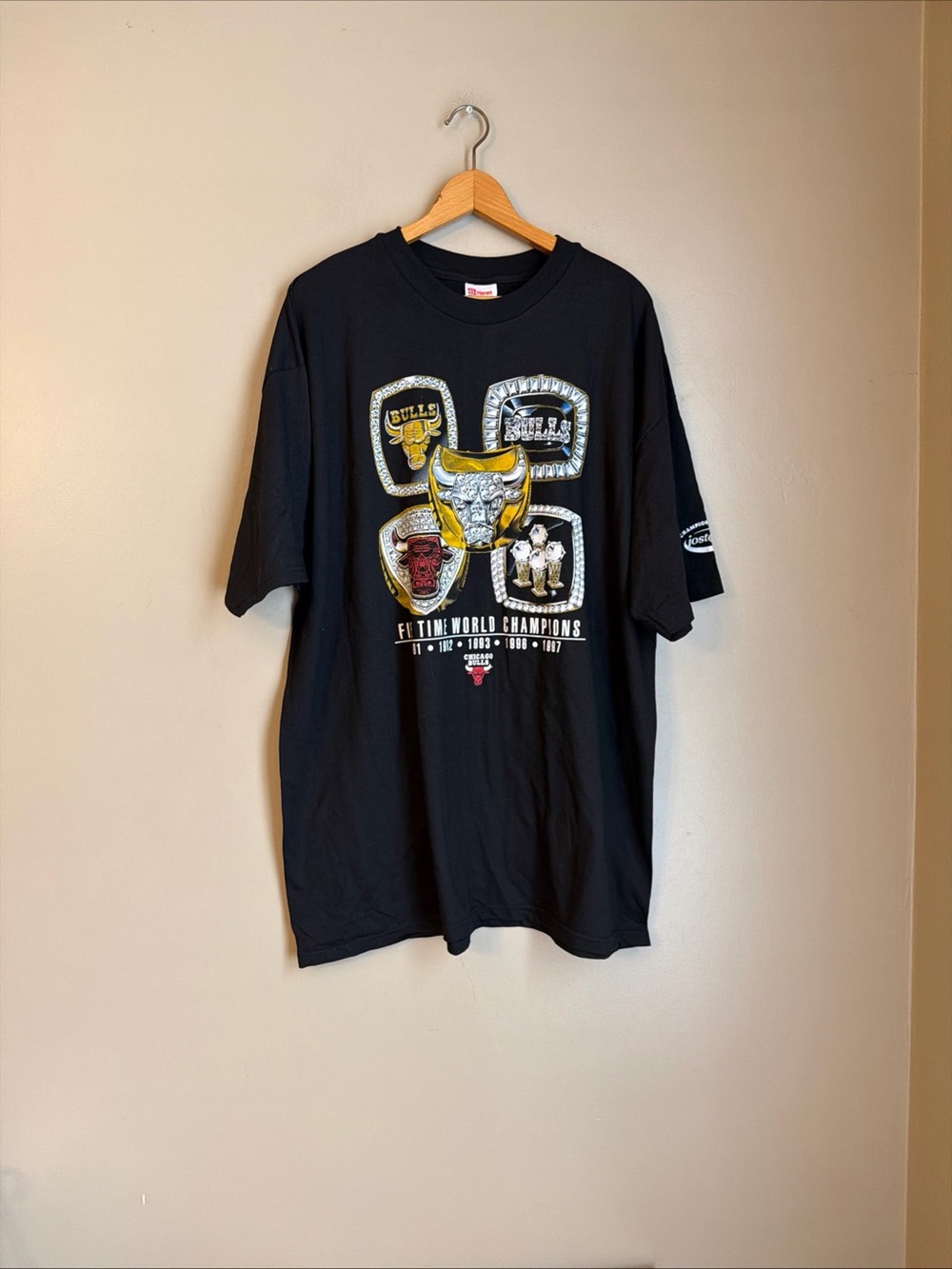 Vtg Chicago Bulls Five Time World Champions Shirt XXL Rings Jostons USA Double